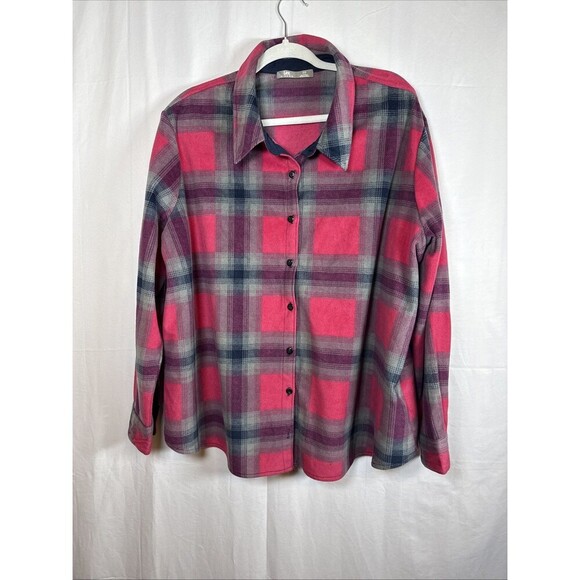 Lee Riders Women Shirt Pink  & Navy Blue Plaid Button Up Size 2X Preowned - Picture 4 of 14